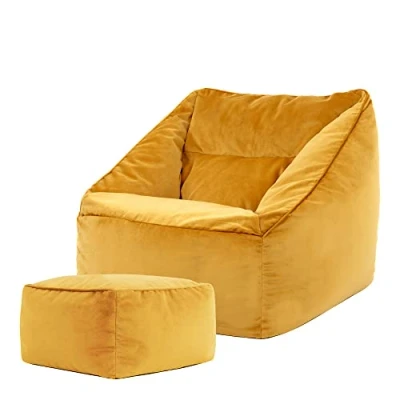 Abbildung von Icon Riesen Sitzsack Sessel „Natalia“, Plüsch XXL Erwachsene mit Füllung für das Wohnzimmer, Riesensitzsack Sofa (Ocker, + Hocker)