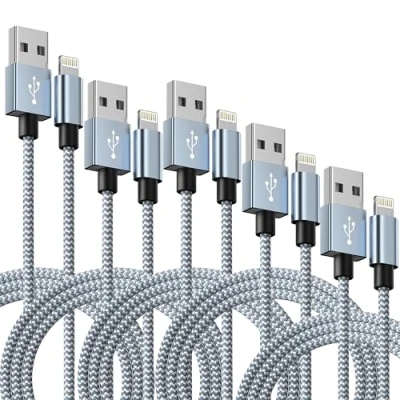 Abbildung von IDISON iPhone Ladekabel 5er Set (2m,2m,3m,1m,1m),MFI Zertifiziert Apple usb Lightning Kabel,Nylongeflecht 2.4A for 12/11/11 Pro/XS/8/7/6s/6/5S/5/SE(grau und weiß)