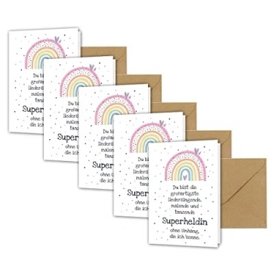 Abbildung von Dankeskarte Erzieherin, Abschiedskarte Kindergarten und Kita mit Regenbogen, Abschluss Abschied Geschenk für Tagesmutter, süße Danke Karte Umschlag, Abschiedsgeschenk Erzieherin (5er Set)