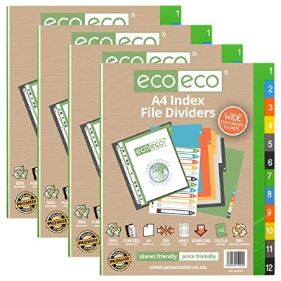 Abbildung von eco A4, 50% recycelt, mehrfach gelocht, verstärkte Farbe, Recycling Set, 12 breite Register 200 g/m², 4 Stück, eco029x4