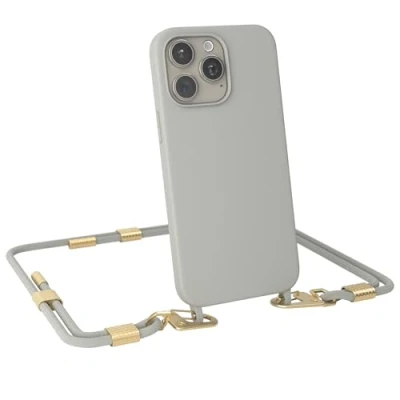 Abbildung von EAZY CASE Handykette mit Karabiner kompatibel iPhone 15 Pro Max Hülle Silikon Fallschutz Handyhülle für Kette zum Umhängen Schutzhülle Mikrofaser in Taupe Clips Gold