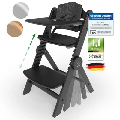 Abbildung von ZWERGHELD® Premium Kinderhochstuhl ZS3 Set mitwachsend klappbar verstellbar, Hochstuhl Baby ab 6 Monaten bis 90kg belastbar, mit Essbrett Treppenhochstuhl Kinderstuhl Holz High Chair (pearl black)
