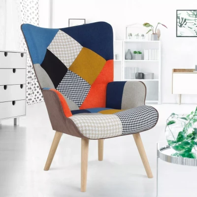Abbildung von IDMarket Skandinavischer Sessel Ivar aus mehrfarbigem Patchwork Stoff und Hahnentrittmuster