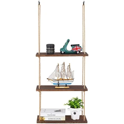 Abbildung von Medla Hängeregal Holz, 3 Ablagen Wandschaukel, Wandregal hängendes Regal, Jute Seil Organizer Rack Deko