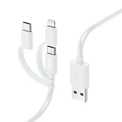 Abbildung von Hama Multi USB Lightning Kabel (Multi Ladekabel, 3in1, A/Micro USB/USB C, Lightning, 1m, MFI Zertifiziert, Universal für iPhones iPads iPods Samsung Galaxy, Huawei, Xiaomi) Weiß
