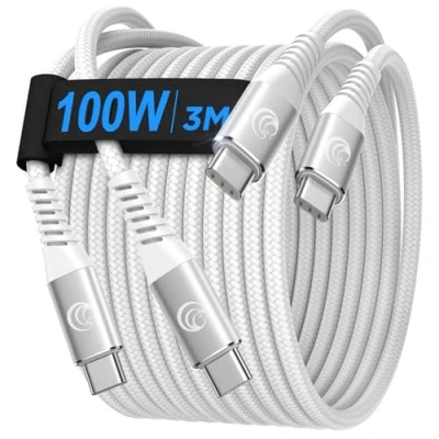 Abbildung von USB C auf Kabel [ 2Stück 3M+3M ] 100W Weiß PD Schnellladekabel Nylon Typ Ladekabel für iPhone 16 Pro Max, 15, Samsung S24 S23 S22 S21,iPad, MacBook Pro/Air,Pixel,Switch