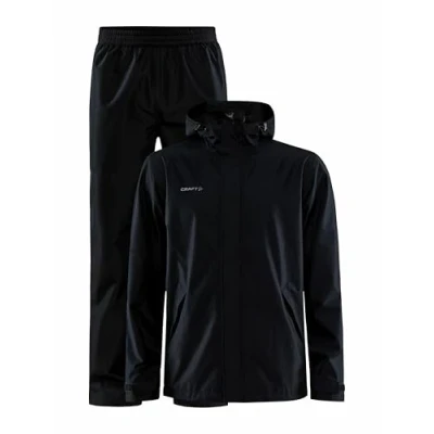 Abbildung von Craft CORE EXPLORE RAIN SET Regenhose und Regenjacke Herren S Black mit Netzfutter, zwei Seitentaschen, verstellbarem Kordelzug an Saum Kapuze Wasserdichte Hose Jacke