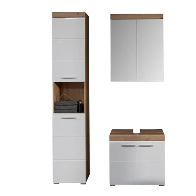 Abbildung von trendteam smart living 3 teiliges Bad Set Amanda Aufbaumaß (BxHxT) 112 x 190 34 cm Farbe Weiß Hochglanz mit Artisan Eiche 139392107
