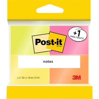 Abbildung von Post It Notes, Verschiedene Neonfarben, 38 mm x 51 mm, Promotion, 100 Blatt/Block, 3 Blöcke + 1 Gratis/Packung