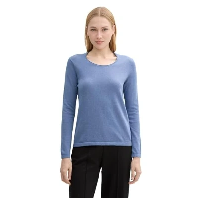 Abbildung von TOM TAILOR Damen Basic Strickpullover aus Baumwolle, 36521 Colony Blue Melange, XS