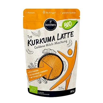 Abbildung von borchers Kurkuma Latte Goldene Milch Mischung 80g Bio Qualität von Natur aus vegan DE ÖKO 006