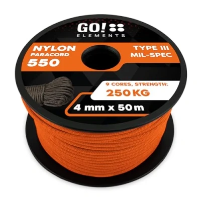 Abbildung von GO!elements 50m Paracord Seil aus reißfester Nylonschnur 4mm 550 Typ III Schnur geeignet als Allzweckseil &amp; Reepschnur Max. 250kg, Farbe: Orange