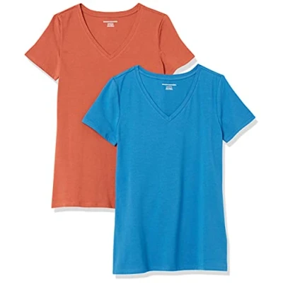 Abbildung von Amazon Essentials Damen Kurzärmeliges T Shirt mit V Ausschnitt, Klassischer Schnitt, 2er Pack, Terrakotta/Blau, XS