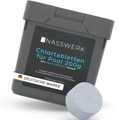 Abbildung von NASSWERK Langzeit Chlortabletten für Pool 200g (5kg) Chlortabs langsamlöslich zur Langzeitpflege Chlor Tabletten Desinfektion &amp; Pflege Clor Poolpflege Tabs Langzeittabletten