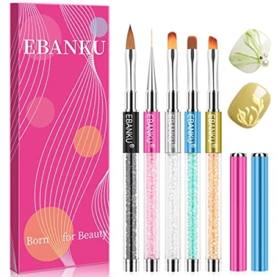 Abbildung von Ebanku 5 teilig Nagel Gel Pinsel Set für UV und Acrylfingernägel, Kunst Malerei Zeichnung Nailart Nagelzubehör Nageldesign Modellage Pediküre Maniküre