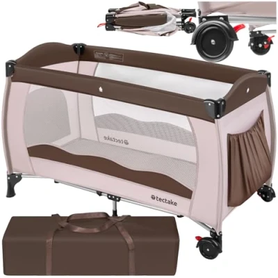 Abbildung von tectake® Kinderreisebett mit Schlafunterlage und praktischer Transporttasche, 126 x 65 80 cm Braun