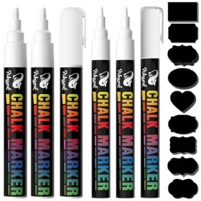 Abbildung von WISYOK 6pcs Kreidestift mit 45 Etiketten, Kreidemarker Weiss, Whiteboard Marker Weiß, Weißwandstifte, Flipchart Stifte, Kreidestifte für Tafel Abwaschbar 3mm &amp; 6 mm Wendespitze