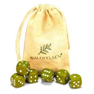 Abbildung von Waldfelsen 6, 12, 20, 30 oder 50 hochqualitative Holzwürfel aus echtem Buchenholz Augenwürfel Spielwürfel Holz in 16 mm Standardwürfel mit Stoffbeutel Würfelset (Oliv, 6 Stück)