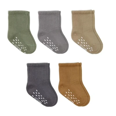 Abbildung von Baumwolle 5 Paar Baby Rutschfest Socken In Geschenkbox für Neugeborene 0 6 Monate bis 3 Jahre Nahtlos Jungen Mädchen Rutschsocken Kindersocken (DE/NL/SE/PL, Alter, Monate, Grün)