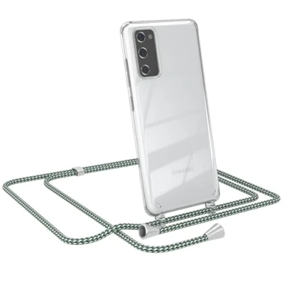 Abbildung von EAZY CASE Kette Schutzhülle kompatibel mit Samsung Galaxy S20 FE / 5G, Stoßfest Fallschutz Bumper Schutzhülle, Handy Straps, Handykette abnehmbar, Hell Grün Camouflage Clips Silber