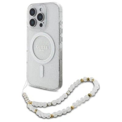 Abbildung von Apple iPhone 16 Pro Hülle MagSafe Kunststoff Guess IML Case with beads strap/Hard Handyhülle Transparent