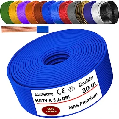 Abbildung von MAS Premium Von 5 bis 100m Aderleitung H07 V K 1x1,5 mm² SW, HBL, GNGE, GN, RT, DBL, BR, OR, GR, WS, VIO, U MAR.BL oder GE Einzelader flexibel (Dunkelblau, 30m)