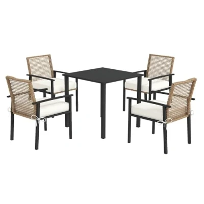Abbildung von Outsunny Rattan Sitzgruppe, 5 TLG. Gartenmöbel Set, Balkonset für 4 Personen, Balkonmöbel mit 1 Tisch, Stühlen, Gartengarnitur inklusive Kissen, Garten, Terrasse, Natur