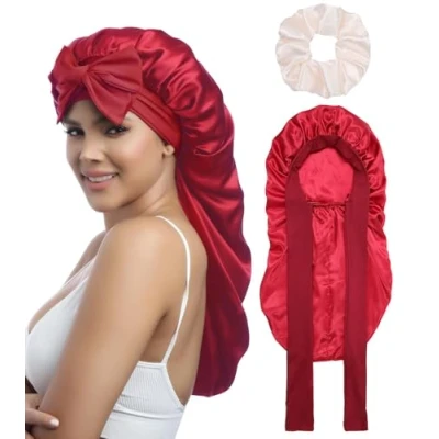 Abbildung von Coubeau Lange Schlafmütze Satin Bonnet Seidenhaube zum Schlafen Nacht Schlaf Mütze Verstellbare Schlafkappe Kopfbedeckung Weiche Kopfhaube Schlafhaube Seide mit Gummizug für Damen und Mädchen