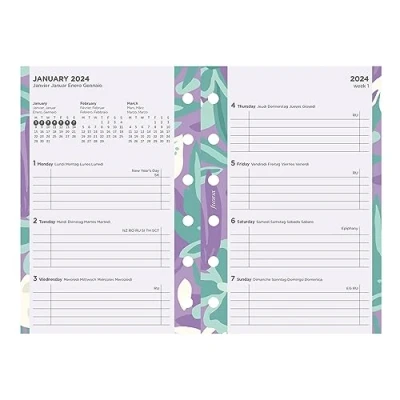 Abbildung von Filofax Kalender Tagebuch Nachfüllpackung, Taschenformat, Wochenansicht, illustriertes florales Pack mit vierfarbigem Druckdesign, mehrsprachig: Fünf Sprachen, 2024 (C6321 24)
