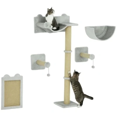 Abbildung von PawHut Katzen Kletterwand 5 tlg. mit Kratzpfosten, Hängematte, Sprungplatt, für bis kg, Polyester, Hellgrau