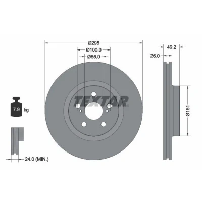 Abbildung von TEXTAR PRO 92135603 Bremsscheibe 295 26 05/07 100 innenbelüftet beschichtet ohne Radbefestigungsbolzen, Radnabe TOYOTA: Avensis II Schrägheck