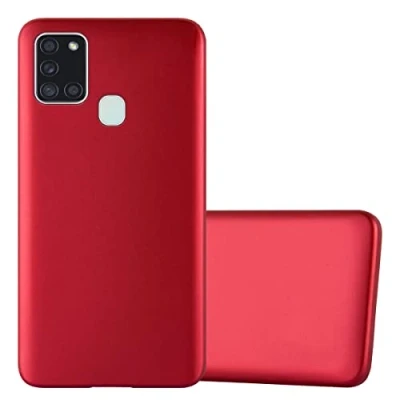Abbildung von Cadorabo Hülle kompatibel mit Samsung Galaxy A21s Schutzhülle TPU Silikon Case Metallic Design Slim Kratzfest Weiche Gummi Rundumschutz für in Rot