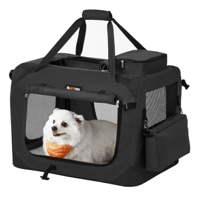 Abbildung von Feandrea Hundebox faltbar, Transportbox Hund, M, Hundetasche, Oxford Gewebe, Netzstoff, atmungsaktiv tragbar transportabel, Metallrahmen, mit Griffen, Taschen, 60 x 42 cm, schwarz PDC60H