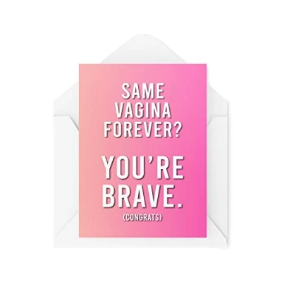 Abbildung von Tongue in Peach Lustige Verlobungskarten Hochzeit Karte Love Same Vagina Forever Brave Congratulations Greeting Witty Humor Lachen Banter Witz Fun CBH71