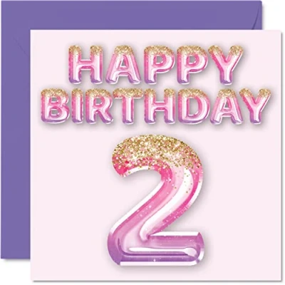 Abbildung von Stuff4 2. Geburtstagskarte für Mädchen rosa und lila Glitzerballons Happy Karten 2 Jahre altes Tochter Schwester Enkelin Cousin, 145 mm x Grußkarten zwei zweiten Geburtstag