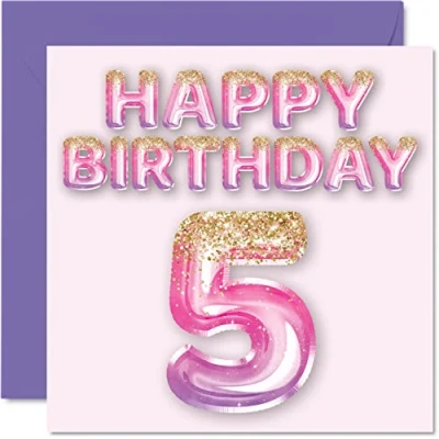Abbildung von Geburtstagskarte zum 5. Geburtstag für Mädchen rosa und lila Glitzerballons Happy Karten 5 Jahre altes Tochter Schwester Enkelin Cousin 145 mm Grußkarten fünf fünften