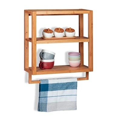 Abbildung von Relaxdays Wandregal Bambus, 3 Ablagen, Handtuchstange, Einlegeboden, Hängeregal für Küche &amp; Bad, HBT 58,5x52x21cm, Natur