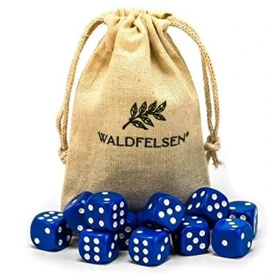 Abbildung von Waldfelsen 6, 12, 20, 30 oder 50 hochqualitative Würfel Standardgröße 16 mm Acrylwürfel Knobel Spielwürfel Dice 6 seitig sechsseitig Spielzubehör Set mit Stoffbeutel (Blau, 12 Stück)