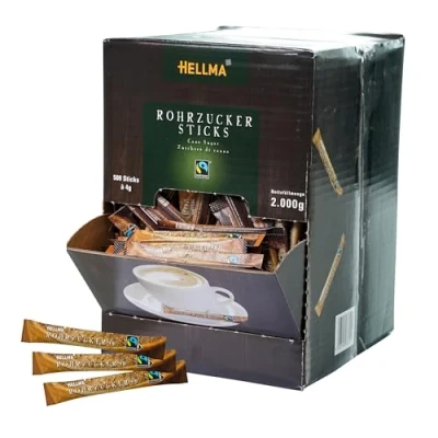 Abbildung von Hellma Fairtrade brauner Rohrzucker Sticks 500 Stk. je 4 g 2 kg Vorrats Box Zuckertütchen einzeln, für Kaffee, Tee