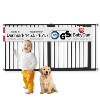 Abbildung von BabyDan Premier, Extra breit Ohne bohren Treppenschutzgitter, 145,5 151,7 cm, Babygitter/Sicherheitsgitter, Metall, Schwarz, Hergestellt in Dänemark (Haustiergitter/Hundegitter)