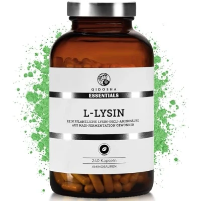 Abbildung von QIDOSHA® L Lysin Kapseln hochdosiert, 500mg Kapseln, davon 400 mg reines Lysin, 240 Stk/Glas, 100% pflanzliche Aminosäure Lysine, deutsche Fertigung, jede Charge laborgeprüft