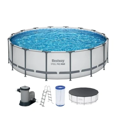 Abbildung von Bestway Steel Pro MAX Frame Pool Komplett Set mit Filterpumpe Ø 488 x 122 cm , lichtgrau, rund