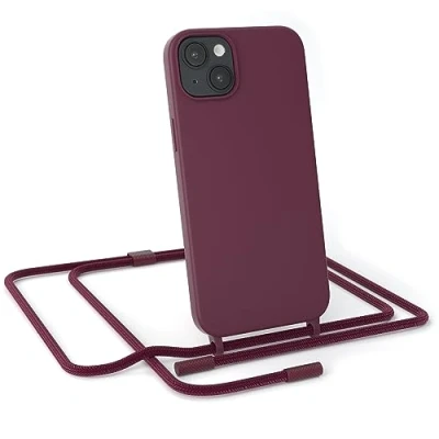 Abbildung von EAZY CASE Handykette Silikon Premium kompatibel mit iPhone 14 Plus Handyhülle Umhängeband, Handykordel Schutzhülle, Silikonhülle, Hülle Band, Kette für Smartphone, Beere