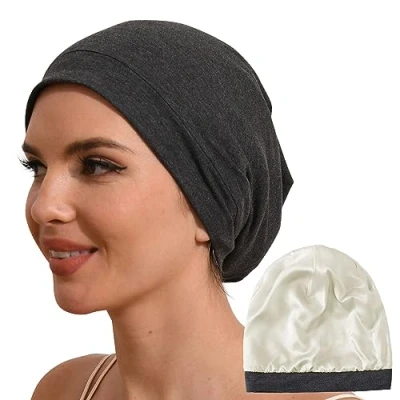 Abbildung von Hat Hut Seidenmütze Schlafmütze aus 100% Maulbeerseide gefüttert, Silk Bonnet, Haube für lockiges Haar, Schlafhaube zum Schlafen, Slouchy Beanie (1 Grau)