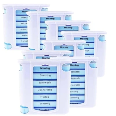 Abbildung von KAMACA 8 er Pack (= Stück) praktischer Medikamentendosierer 56 Tage mit 4 Fächern pro Tag, Pillendose, Pillenbox, Tablettenbox, Wochendosierer 1 Monat (8er Set Wochen)