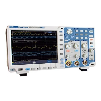 Abbildung von PeakTech 100 MHz 2 Kanal 12 Bit Touchscreen Digital Speicher Oszilloskop 1 GS/S mit WLAN/WiFi, USB, Lan, VGA, PC Software, Multimeter, 25 Generator und Frequenzzähler, Akku Opt., Stück, P 1360
