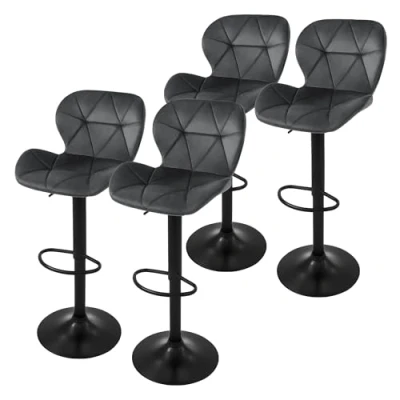Abbildung von ML Design Barhocker 4er Set, Bezug aus Samt, Grau, Gepolsterter Barstuhl mit Rückenlehne und Fußstütze, Tresenhocker höhenverstellbar 59 79 cm, 360 drehbar, Bistrohocker Hocker Drehstuhl Barstühle