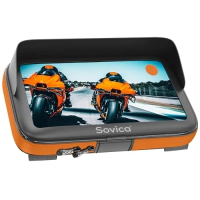Abbildung von Sovica Handyhalterung Fahrrad Motorrad wasserdicht Handyhülle mit Visier gültig für Smartphones bis 7,6 Zoll Kompatibel Allen Lenkertypen Höchste Sicherheit Anti Vibration (Orange)