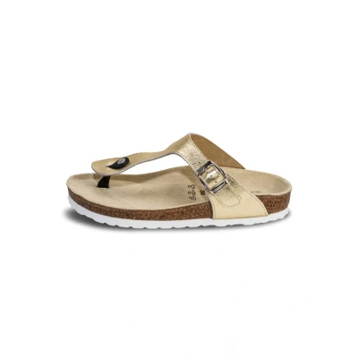 Abbildung von VITAFORM® Zehentrenner für Damen I Sandalen Pantoletten Sommer Schuhe Strandschuhe Leder Naturkork Sohle Luftpolsterung anatomisch geformtes Fußbett Gelenkschonend dämpfend Gold 35