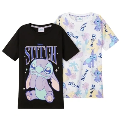 Abbildung von Disney Stitch T Shirt Mädchen mit Rundhalsausschnitt 2er Pack Sachen (Schwarz/Weiß, 11 12 Jahre)